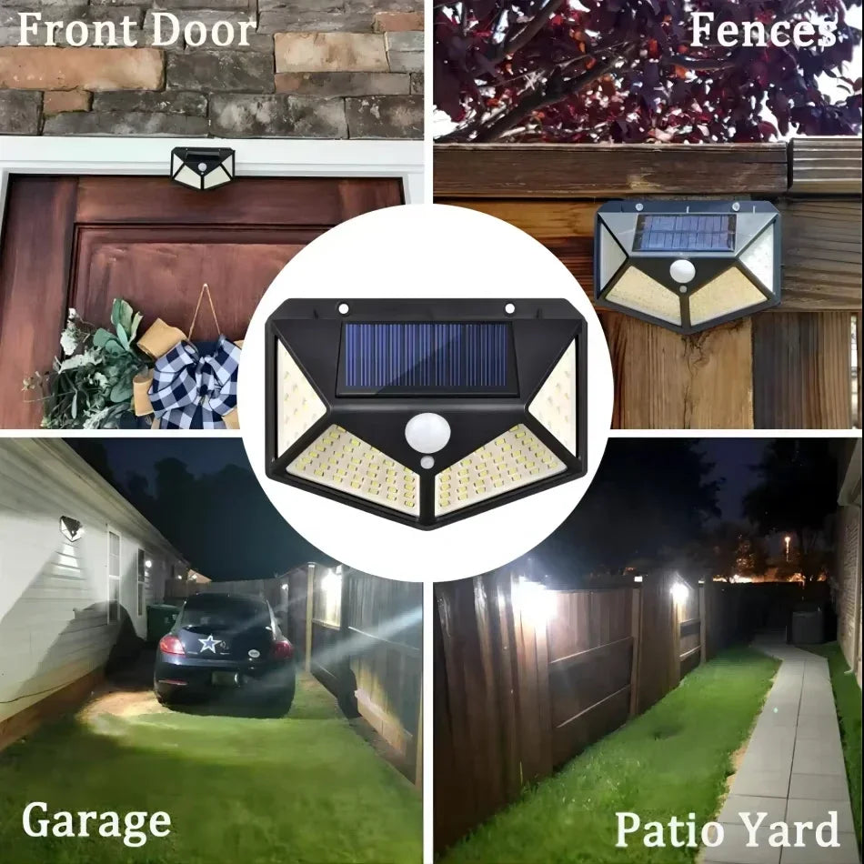 Lámpara Solar de pared 100 LED, 4 lados, luminosa, impermeable, Sensor de movimiento, farola Solar, barandilla de jardín, iluminación decorativa