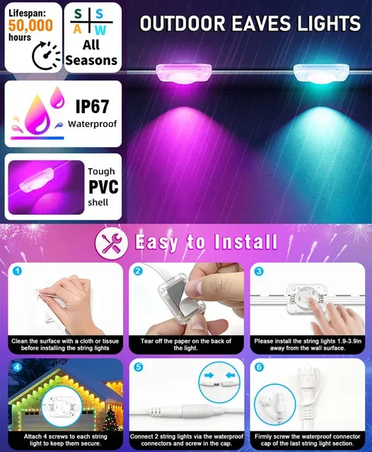 Iluminación LED atmósfera de Festival RGB impermeable permanente luces de cadena al aire libre 60m DIY aplicación inteligente y Control remoto ajustable Ea