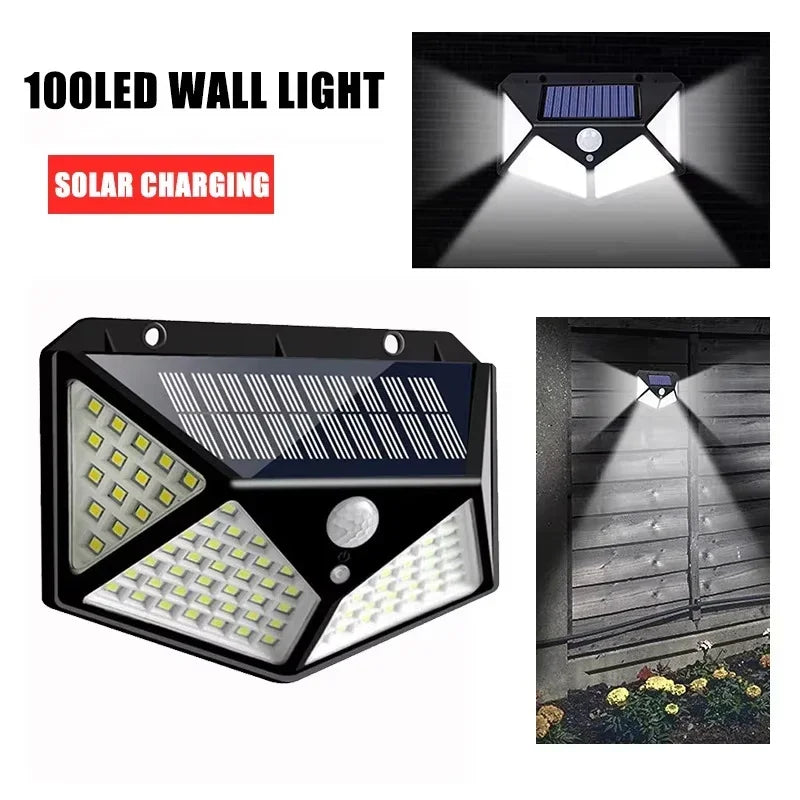 Lámpara Solar de pared 100 LED, 4 lados, luminosa, impermeable, Sensor de movimiento, farola Solar, barandilla de jardín, iluminación decorativa