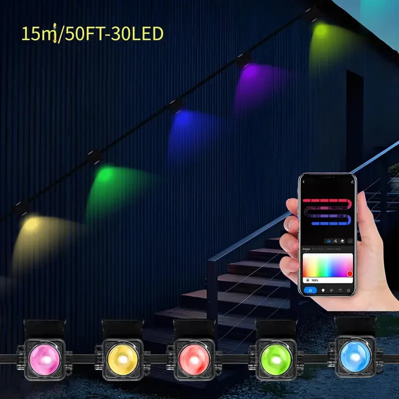 Iluminación LED atmósfera de Festival RGB impermeable permanente luces de cadena al aire libre 60m DIY aplicación inteligente y Control remoto ajustable Ea