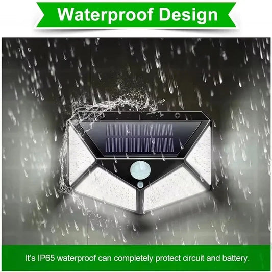 Lámpara Solar de pared 100 LED, 4 lados, luminosa, impermeable, Sensor de movimiento, farola Solar, barandilla de jardín, iluminación decorativa