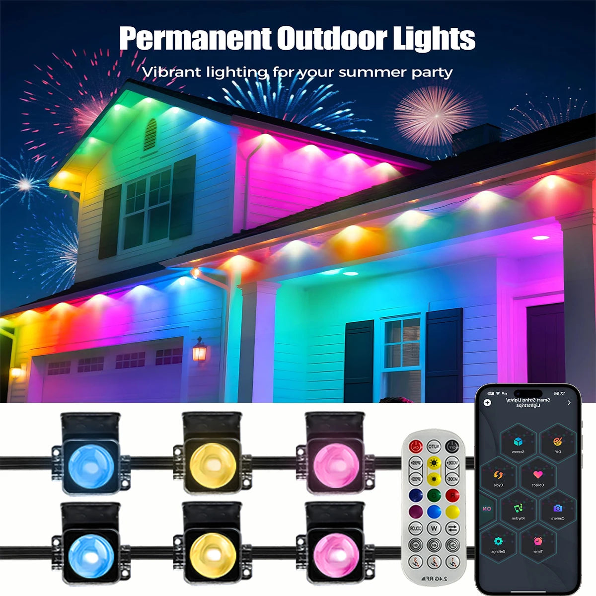 Iluminación LED atmósfera de Festival RGB impermeable permanente luces de cadena al aire libre 60m DIY aplicación inteligente y Control remoto ajustable Ea