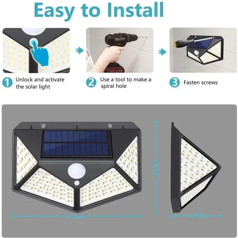 Lámpara Solar de pared 100 LED, 4 lados, luminosa, impermeable, Sensor de movimiento, farola Solar, barandilla de jardín, iluminación decorativa