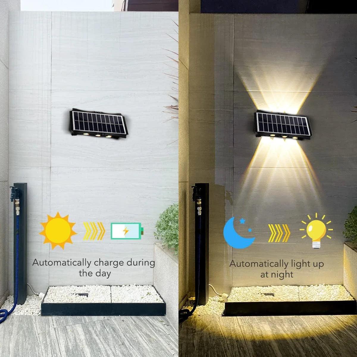 Lámpara Solar de pared para exteriores, luz cálida, impermeable, iluminación luminosa arriba y abajo, luces decorativas para balcón, patio y jardín, pared Exterior