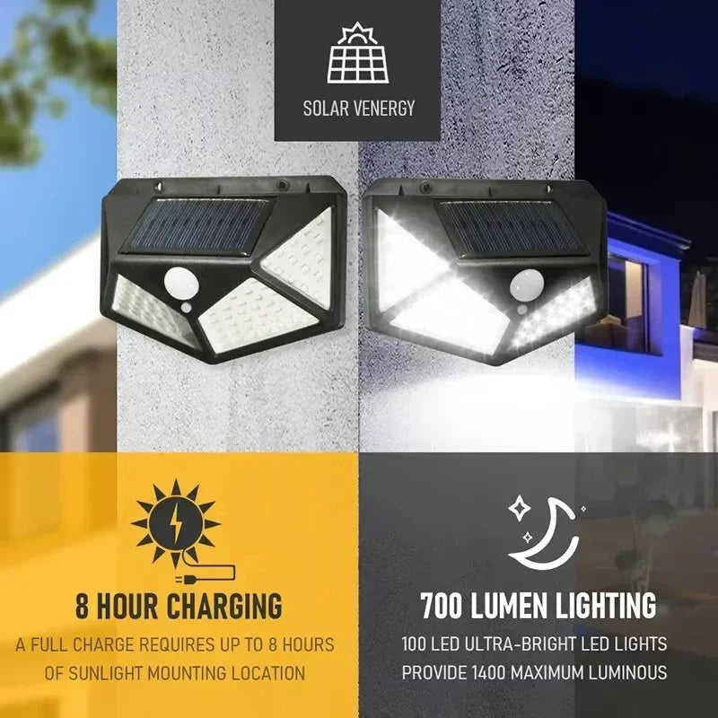 Lámpara Solar de pared 100 LED, 4 lados, luminosa, impermeable, Sensor de movimiento, farola Solar, barandilla de jardín, iluminación decorativa