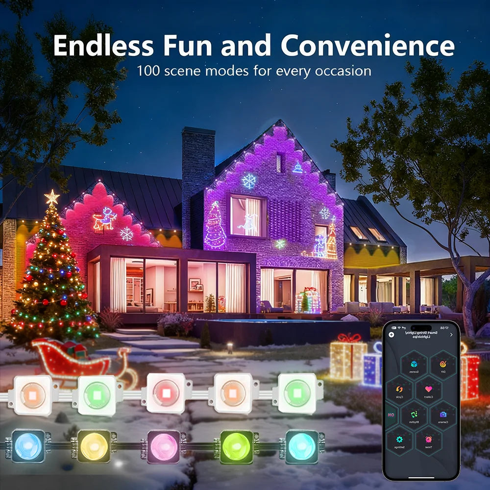 Iluminación LED atmósfera de Festival RGB impermeable permanente luces de cadena al aire libre 60m DIY aplicación inteligente y Control remoto ajustable Ea