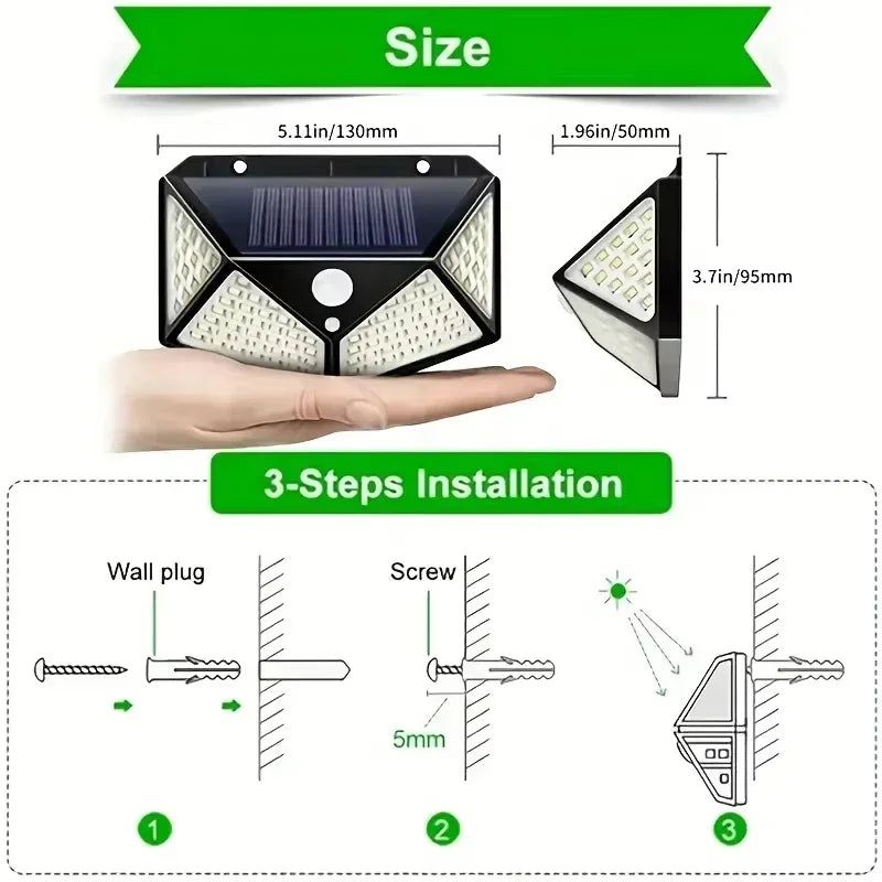 Lámpara Solar de pared 100 LED, 4 lados, luminosa, impermeable, Sensor de movimiento, farola Solar, barandilla de jardín, iluminación decorativa